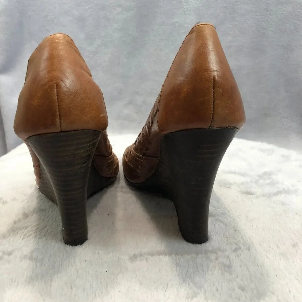 Steve Madden Brown Woven Leather Peep Toe Wedge Heels